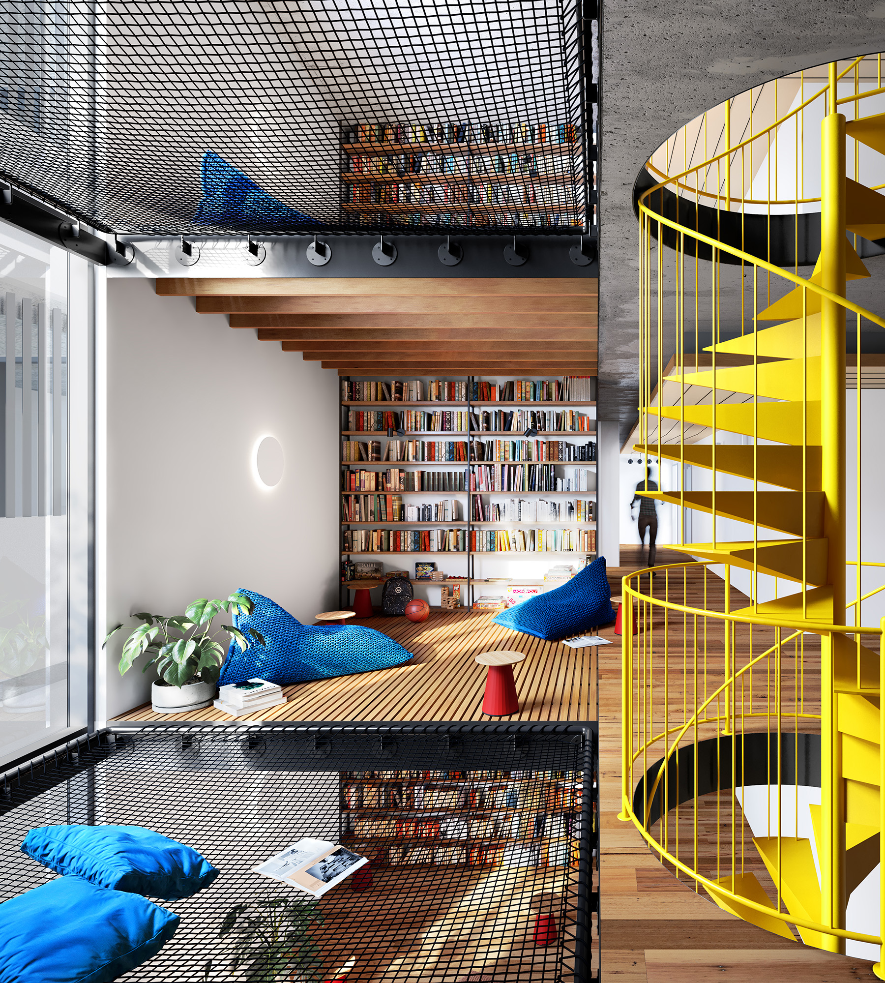 Cozy modern reading loft and lounge with floor-to-ceiling bookshelves, blue knit beanbag cushions on a wooden platform, suspended black mesh hammock seating above, and a bright yellow spiral staircase connecting the playful, light-filled levels.