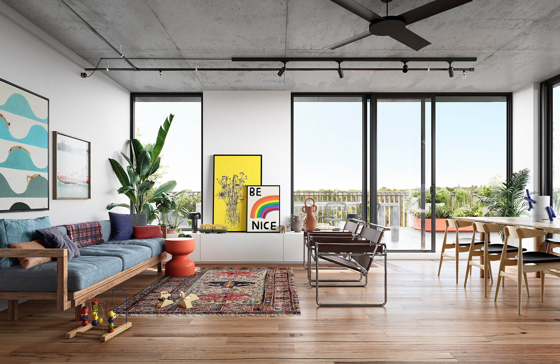 Bright modern open-plan living and dining space designed for relaxing and entertaining, with floor-to-ceiling windows to a balcony, wooden-framed sofa, potted plants, patterned rug and colorful artwork including a framed 