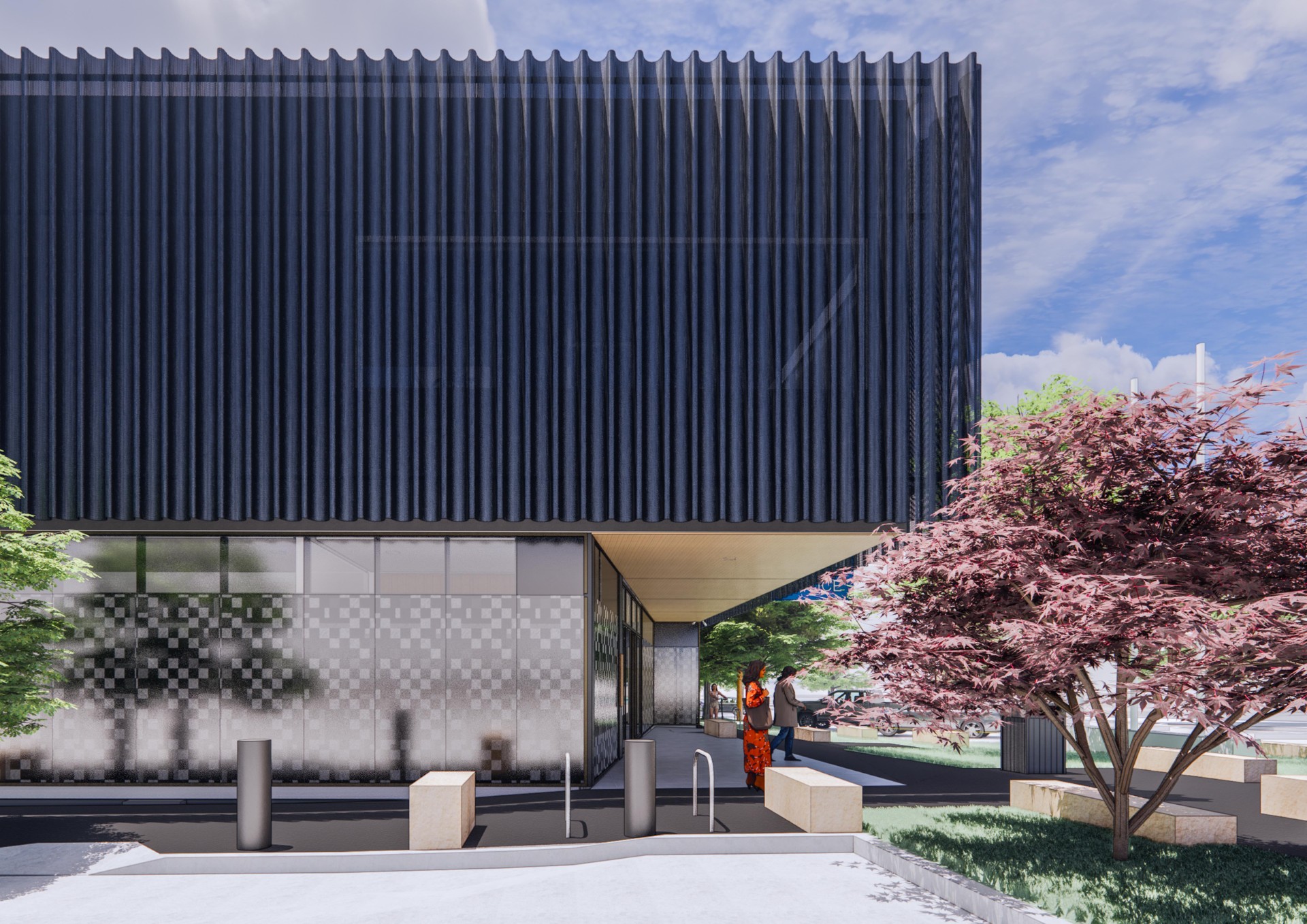 Artist's impression of the approved South Melbourne Police Station development, showing the exterior of a modern building with blue skies in the background, street trees, and pedestrians.