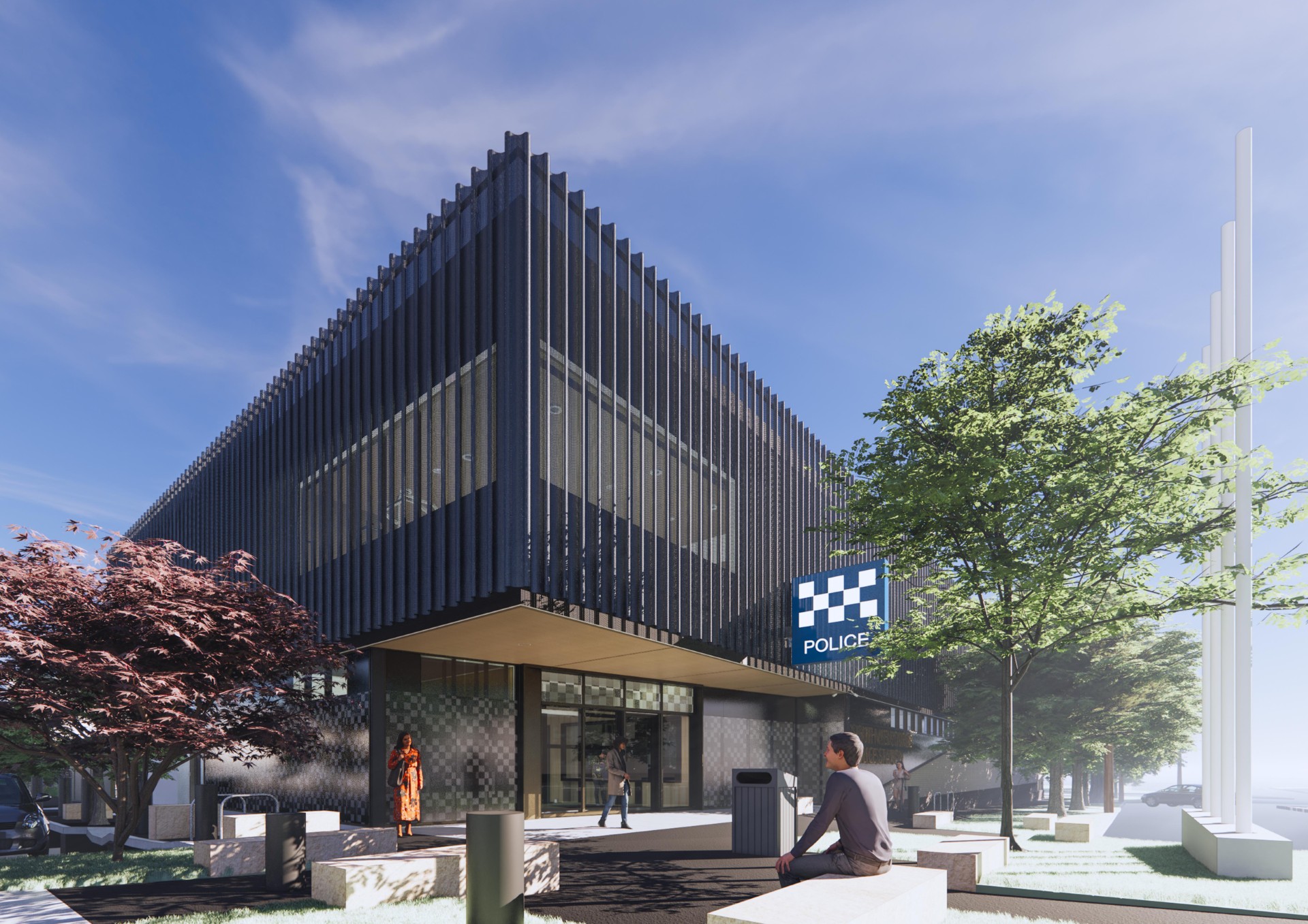 Artist's impression of the approved South Melbourne Police Station development, showing the exterior of a modern building with blue skies in the background, police signage, and public amenities with pedestrians enjoying the street trees and seating outside.