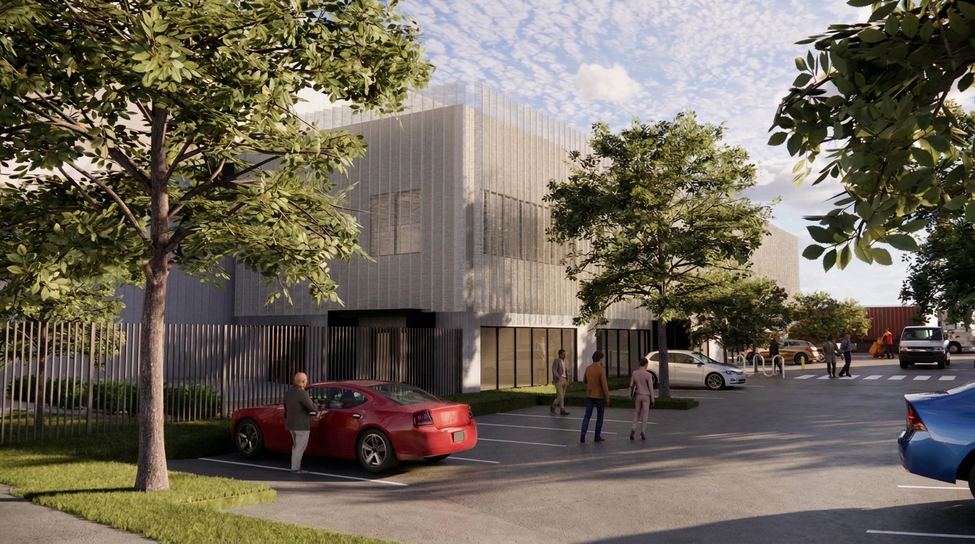 A modern warehouse building with landscaped surroundings, trees, pedestrian paths and a car park with several vehicles and people.