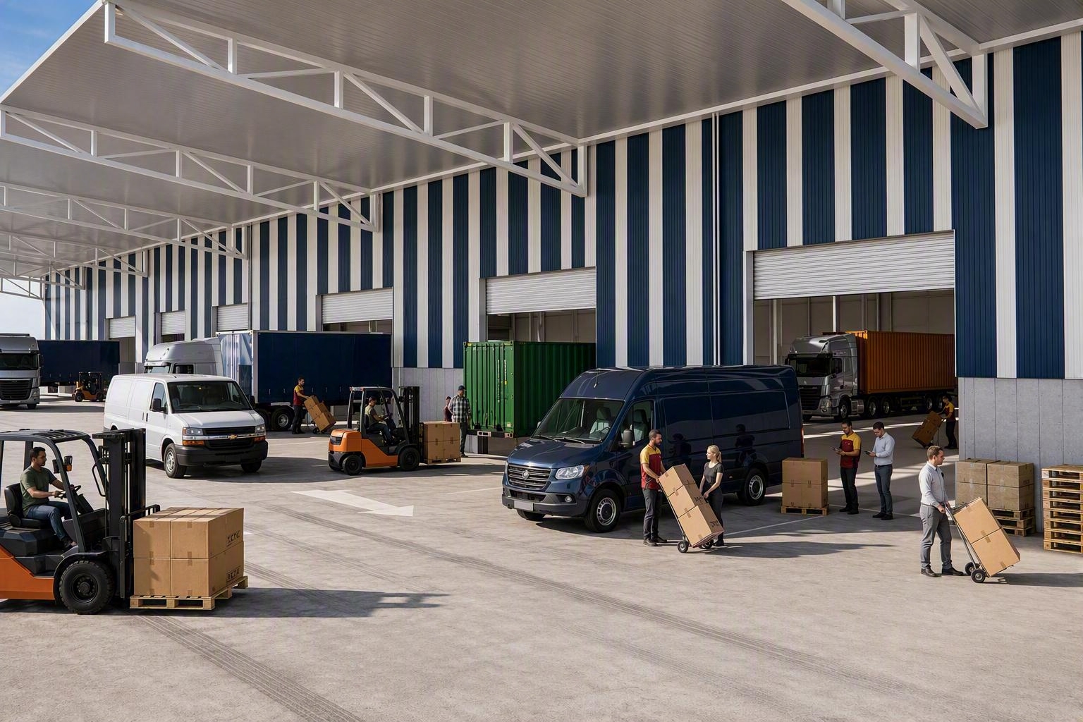 View of warehouse loading bay with blue and white striped walls and several large roller doors with cars, forklifts and pedestrians moving boxes in the foreground