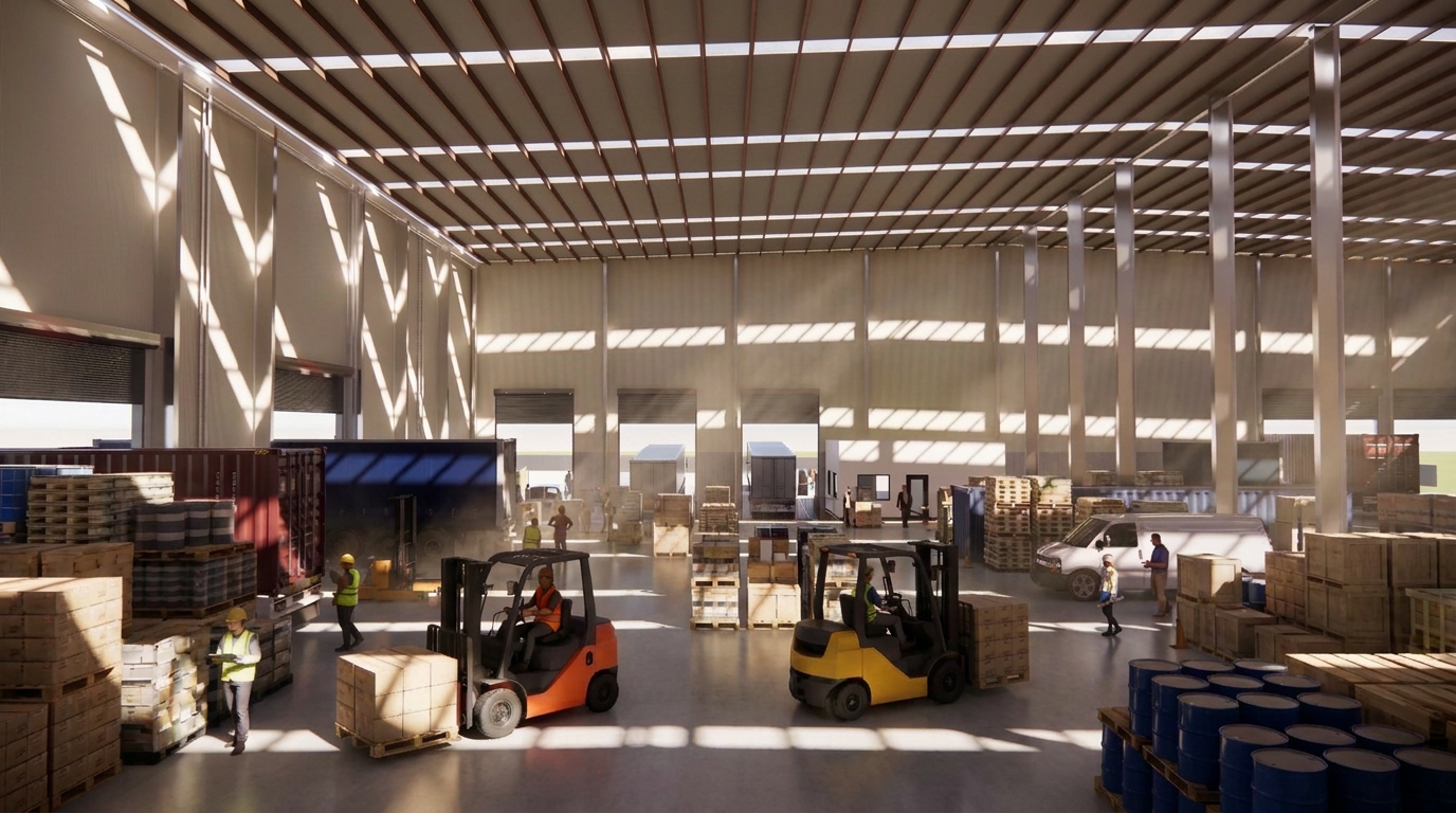Interior of a large warehouse at 118 Swann Drive, Derrimut, showing forklifts, pallets, storage containers and workers operating within the facility.