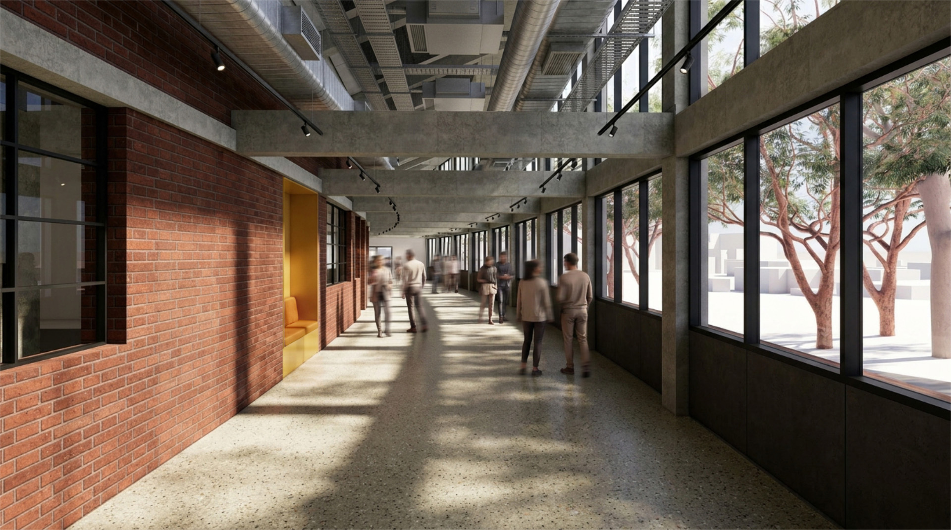 Sunlit communal corridor inside the stand with exposed concrete beams, brick wall and a yellow seating alcove, large windows framing trees, and blurred people walking through.